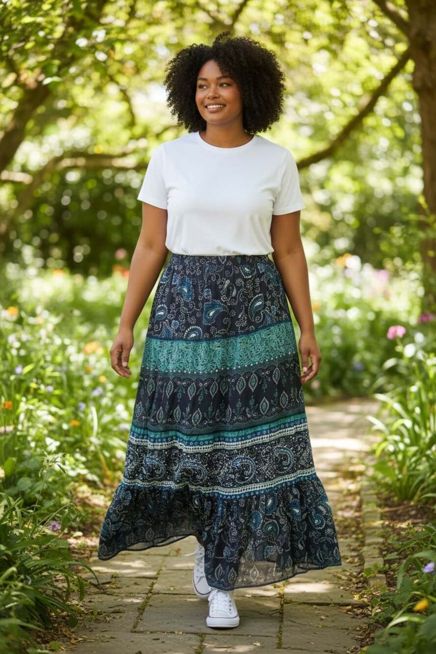 JM Collection Blue Paisley Tiered Maxi Skirt